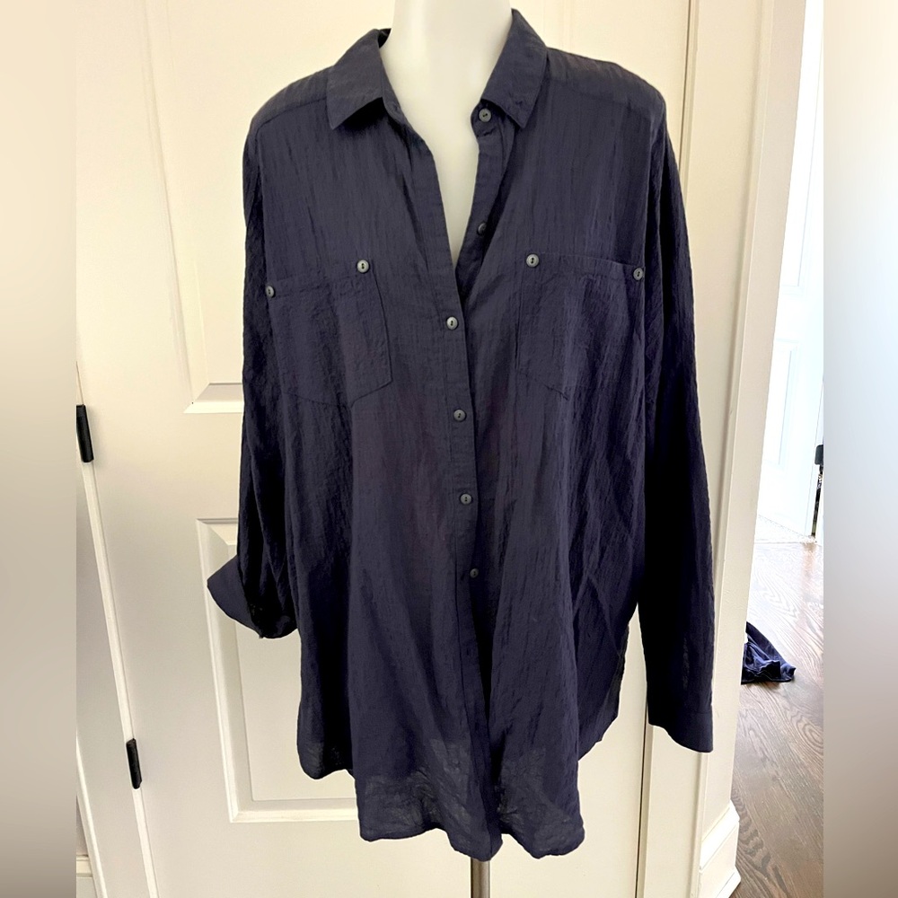 Woman’s small blue Button-Up shirt cover up high low light weight